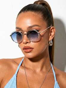 1 Piece Women's Sunglasses With Transparent Blue Lenses, Polygonal Aviator Style, Summer Fashion, Beach Style - Màu xanh nhạt - Xem 3