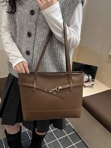 1件女款時尚通勤拼色單肩包，便攜百搭奢華大容量托特包，適合約會、購物、送禮、工作、通勤 - 咖啡棕 - 查看 2