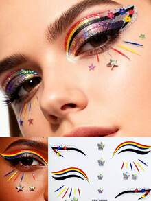 1张炫彩彩虹闪亮星星条纹眼线贴纸，自粘式面部和眼部装饰，适用于骄傲活动、音乐节和缤纷妆容，可重复使用防水眼线贴纸，适合女性和节日风格爱好者。 - 彩色 - 查看 2