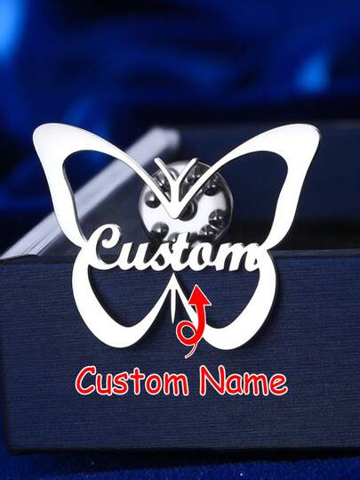 Ghim cài tên hình bướm có thể tùy chỉnh - Ghim cài cá nhân hóa bằng thép không gỉ, phong cách hip-hop cổ điển, phù hợp cho mọi mùa, phụ kiện đeo hàng ngày, quà tặng lý tưởng cho ngày Valentine, phụ kiện hàng ngày | Ghim cài có thể tùy chỉnh | Huy hiệu kim loại bền, trang trí hình bướm