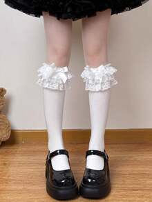 1 Pc Lolita Multi-Layer Lace French Style Knee High Socks, White/Black Bowknot Slouch Socks, Ballet Style Japanese JK Calf Socks - Multicolor - View 2
