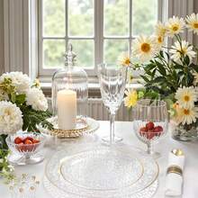 Bộ 50/25/12 đĩa trong suốt viền vàng - Những chiếc đĩa thanh lịch và sang trọng, trong suốt với viền vàng, thiết kế dập nổi, thích hợp để phục vụ món tráng miệng, các món chính, bít tết, mì Ý, bánh ngọt, đồ ăn nhẹ, trái cây, v.v. - Lý tưởng cho các bữa tiệc và đám cưới: Tiệc sinh nhật, đám cưới, Ngày Valentine, Năm mới, Ngày của Mẹ hoặc bất kỳ dịp đặc biệt nào khác. - Trong sáng - Xem 7