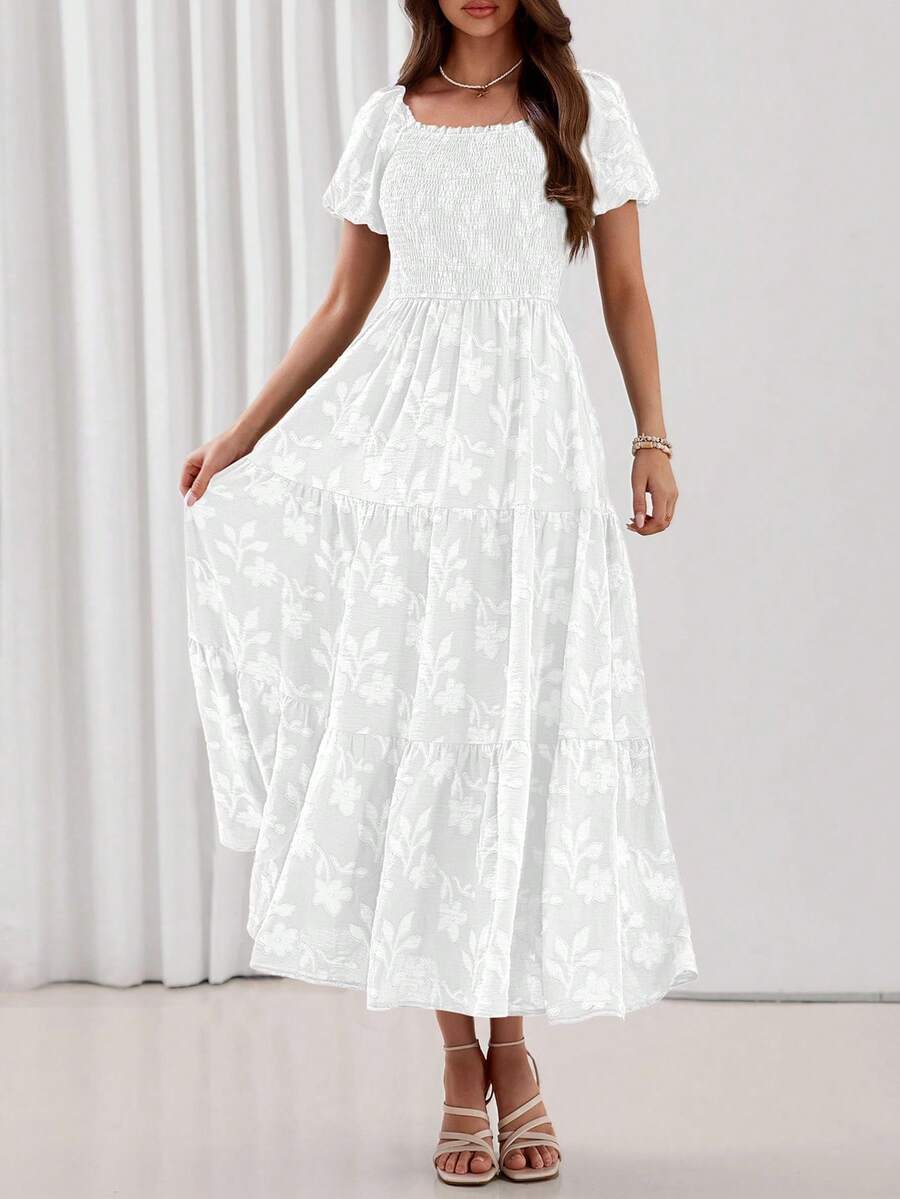 Vestido largo bohemio de flores para mujer en verano, con cuello cuadrado, manga corta, cintura fruncida, suelto y fluido, atuendo para vacaciones - Blanco - Ver 1