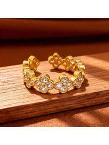 1pc 18K Gold Plated Copper Fully Paved Clover Adjustable Open Ring, Suitable For Holidays, Valentine's Day, Mother's Day Gifts, Daily Wear, Wedding - Gold - View 6