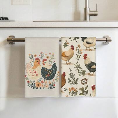 2条装厨房毛巾，农舍公鸡与花卉图案设计，超柔软微纤维材质，40*60厘米/15.7*23.6英寸，单面印花，适用于厨房、餐厅、浴室装饰，节日礼品