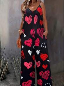 Valentine's Day New Year Elegant Women's Long Cami Jumpsuit Sleeveless Scoop Neck With Heart Print And Pockets For A Stylish Look Outfits - 紅色 - 查看 1