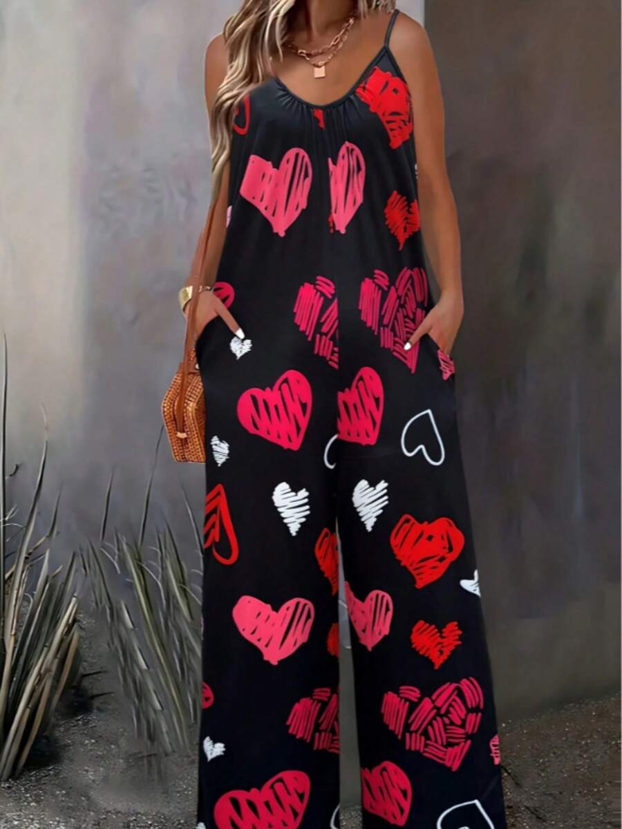 Valentine's Day New Year Elegant Women's Long Cami Jumpsuit Sleeveless Scoop Neck With Heart Print And Pockets For A Stylish Look Outfits - 紅色 - 查看 1