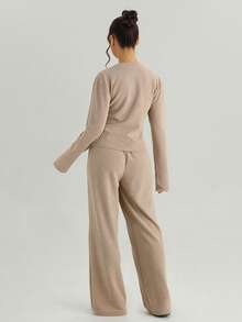 KATCH ME Women's Solid Color V-Neck Long Sleeve Button Tailored Top & Wide Leg Trousers Set, Cozy Two Piece Outfits For Fall & Winter - Oatmeal - View 2