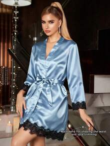 Women's Sexy Satin Lace Lingerie Set – Wine Red Nightwear With Robe , Bralette, Shorts & Panty For Romantic Atmosphere - 水鴨藍 - 查看 2