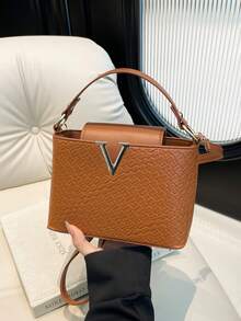 Bolso cuadrado pequeño de textura trenzada de moda, bolso de hombro personalizado para ir al trabajo, bolso cruzado para mujer - Marrón - Ver 9