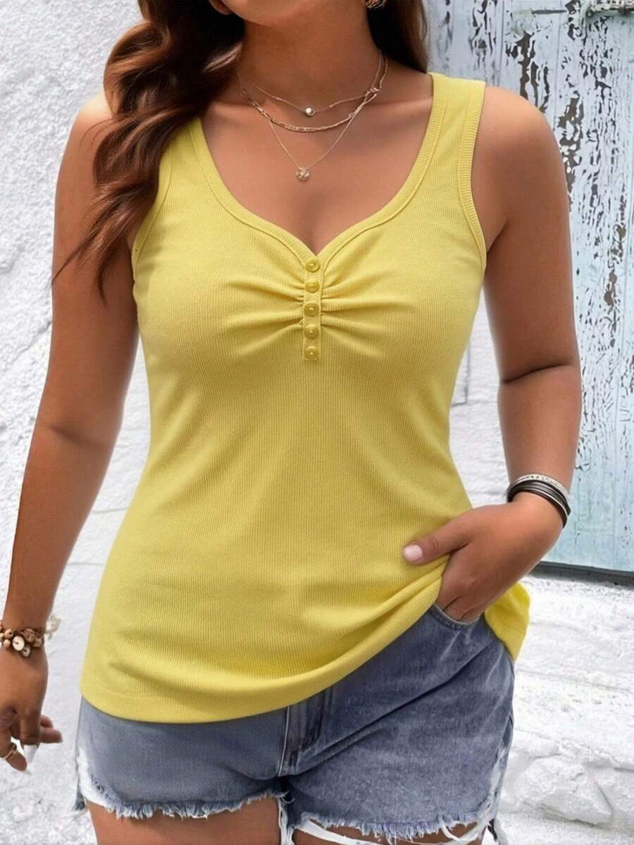Pure Cotton Tank Top With Ribbed Design In The Middle, Knitted Fabric With Buttons. - Yellow 2 - View 1