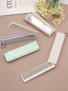 1 pieza Espejo de bolsillo plegable con forma de galleta linda - Espejo plegable portátil de dibujos animados con peine - Se puede colgar en la cremallera del bolso o adjuntar a las llaves, herramienta de belleza esencial y accesorio para el cabello para mujeres con kit de peinado en movimiento - Multicolor - Ver 8