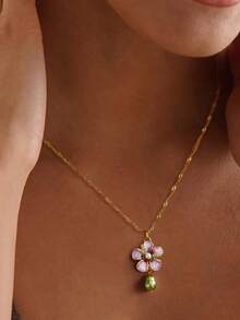 rundraw 1pc Spring/Summer New Enamel Flower Inlaid Zirconia & Faux Pearl Elegant Stainless Steel Chain With Copper Pendant Necklace For Women, Suitable For Party, Gathering, Daily Wear, Ideal Gift For Girlfriend, Best Friend, Valentine's Day And Anniversary - Multicolor - View 5