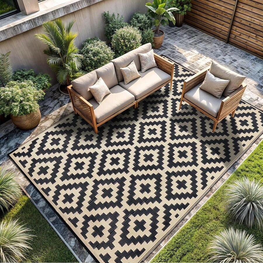 1pc 5x8 Ft Waterproof Outdoor Rug, Reversible Plastic Area Rug, Modern Carpet For Outdoor, RV, Patio, Backyard, Porch, Picnic, Beach, Camping, Black & White - A - View 1