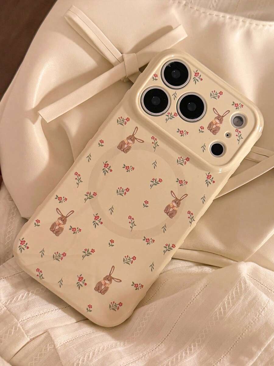 简约时尚花兔图案磁吸手机壳，适用于 17/16/15/14/13/12/11 - 杏色 - 查看 1