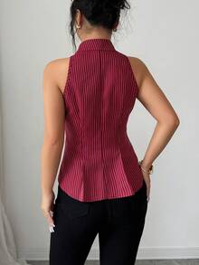 Front Button Ribbed Button Vacation & Commute Sleeveless Striped Shirt, Burgundy Waist Fitted Blouse, Sexy Commuter Summer - Burgundy - View 3