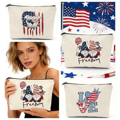 250th Anniversary Of National Founding/4th Of July (July 4th) Red, White And Blue Tricolor And American Flag Element Clutch Bag And Black Zipper, Practical And Versatile Cosmetic Bag, Suitable For Independence Day Parade, Family Gathering Or Daily Use, A Fashionable Item To Express Patriotism And Personal Style