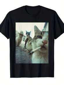 Funny Smoking Cat Meme T-Shirt - Features A Design Of A Tabby Cat Smoking, Humorous Retro Style, Loose Fit, Short Sleeves, Crew Neck, Casual, For Men And Women - A Fun Gift For Cat Lovers And Meme Fans - Geometric Black Print With A Cool Cat And Cigarette Smoke, Machine Washable And Comfortable Fit, Suitable For Everyday Wear. - 黑色 - 查看 7