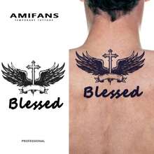 AMIFANS Temporary Tattoo Wings With Cross , Semi Permanent Tattoo,Lasting 1-2 Weeks Tattoo, Long Lasting Tattoo, Juice Tattoo, Realistic Tattoo, Romantic Tattoo, Fake Tattoo, Waterproof, Authentic Tattoo Look, Niche Design Tattoo, Fruit Tattoo, Plant-Based Tattoo - Black - View 2