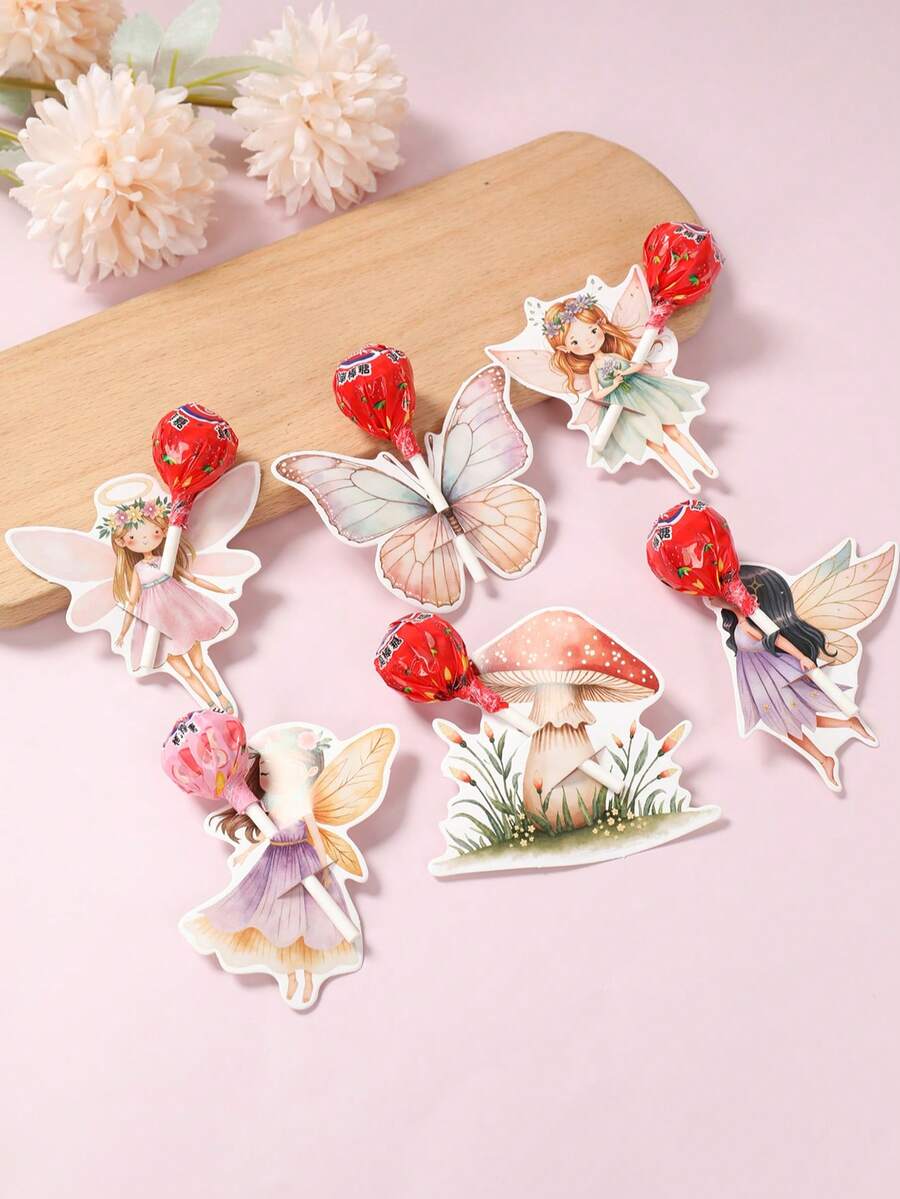 48张可爱仙女蝴蝶棒棒糖装饰卡片，生日派对装饰，女孩仙女派对棒棒糖收纳卡，趣味糖果收纳卡，魔法仙女派对棒棒糖收纳盒，简易DIY糖果装饰，性别揭晓派对装饰，一周岁生日装饰，迎婴派对装饰，婚礼装饰，迎婴派对礼物