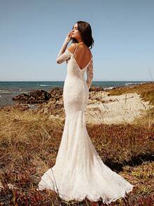 Delicate Spaghetti-Strap Off-Shoulder Long-Sleeve Lace Mermaid White Floor-Length Bridal Gown With Open Back And Graceful Flowing Silhouette – Luxe Wedding Dress With Elegant Draped Skirt, Perfect For Weddings, Christmas, Halloween, Proms, Birthday Parties, And Special Occasions. Suitable For Weddings, Parties, Bachelorette Parties, Vacations, Formal Occasions, Dinner Gowns, Graduation Ball Gowns, Homecoming Gowns, Cocktail Parties, Bridesmaid Gowns, Wedding Guest Gowns, And Graduation Ceremonies - 白色 - 查看 2