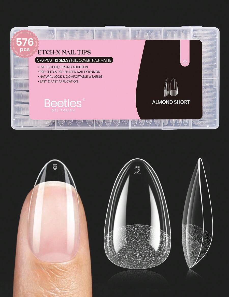 Beetles Soft Gel Nail Tips Short Almond 288pcs In 12 Sizes, Etch-X Pre-Etched Full Cover Acrylic Fake Nails Art - Almond Short 576pcs (Etch X Nail Tips) - View 1