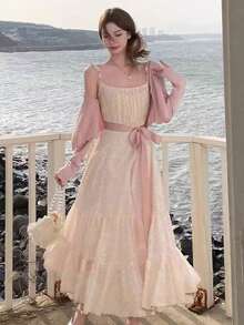 [Y6Y] Women's Pink Polka Dot Spaghetti Strap Dress, Crisscross Back Design With Flared Hem, Gentle Vibe For Beach Vacation Summer - Pink - View 3