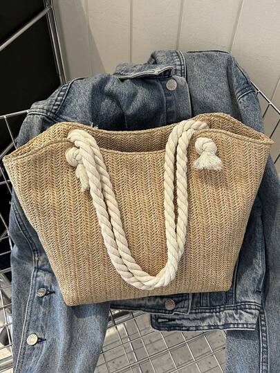 Bolso de playa de paja de gran capacidad con estilo para vacaciones de verano, bolso de hombro casual y de moda