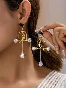 1 par de pendientes elegantes y de alta gama con diseño de jaula de pájaros y perlas, adecuados para uso diario - Multicolor - Ver 1