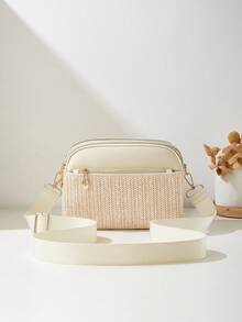 1pc Casual Commuter Women's Straw Crossbody Bag, 4 Zipper Design, Solid Color Stylish Texture Comfortable Handheld, Shoulder Strap, Large Capacity, Suitable For Travel, Shopping, Commuting - Apricot - View 5
