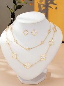 Set de 4 piezas de aretes y collar minimalista de trébol hueco de moda, adecuado para fiestas y ocasiones formales de mujeres - Dorado - Ver 2