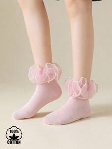 1 Pair Cotton Girls' Pearl & Sequin Lace Trim Dance Socks, Elegant Princess Style Breathable Short Socks, Spring/Summer - Pink - View 1