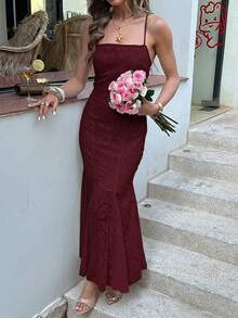 Unadoll 女士夏季优雅红色花卉提花露背系带长裙，吊带鱼尾裙摆正式礼服，适合婚礼宾客和派对度假穿着 - 酒紅色 - 查看 9