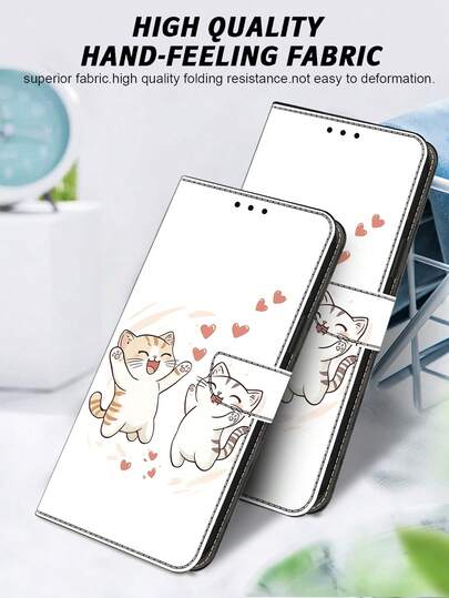 GLANDOTU PU皮革钱包式手机壳，饰有精致的猫咪和爱心压纹图案，磁吸式闭合设计，具备支架功能和集成卡槽，兼容多种品牌和型号。