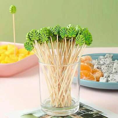 100pcs,Disposable Bamboo Picks Tropical Leaves Food Fruit Cocktail Handmade Toothpicks , Toothpicks, Cocktail Art Fruit Forks, Party Supplies, Holiday Decor, Table Decor,Wedding Party Cake Dessert Bamboo Skewers