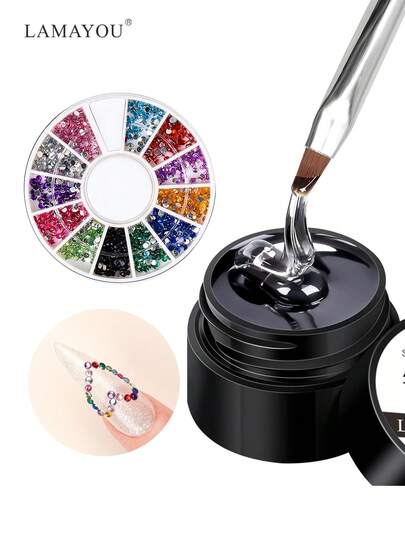 15毫升固体指甲胶，底部平整，配有水钻，强力凝胶指甲胶，适用于美甲贴纸，持久透明3D雕塑胶，适合家庭DIY和美甲沙龙使用。