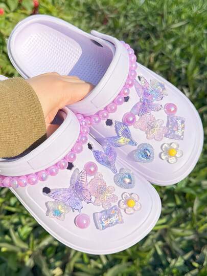 20件紫色链条小熊、蝴蝶、花朵、鱼尾装饰，适用于拖鞋、凉鞋、沙滩鞋、DIY鞋饰