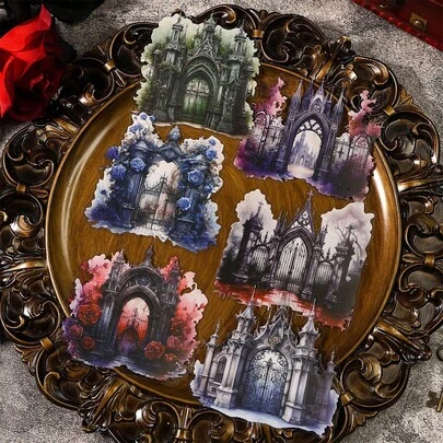 Bộ 10 miếng dán Dark Gate Series, phong cách Gothic cổ điển, vật liệu trang trí sổ lưu niệm, nhãn dán chủ đề tựu trường, đồ dùng văn phòng phẩm, nhãn dán vui nhộn.