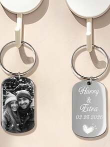 Custom Photo Keychain: Stainless Steel Personalized Text, Anniversary Gift - Silver - View 6