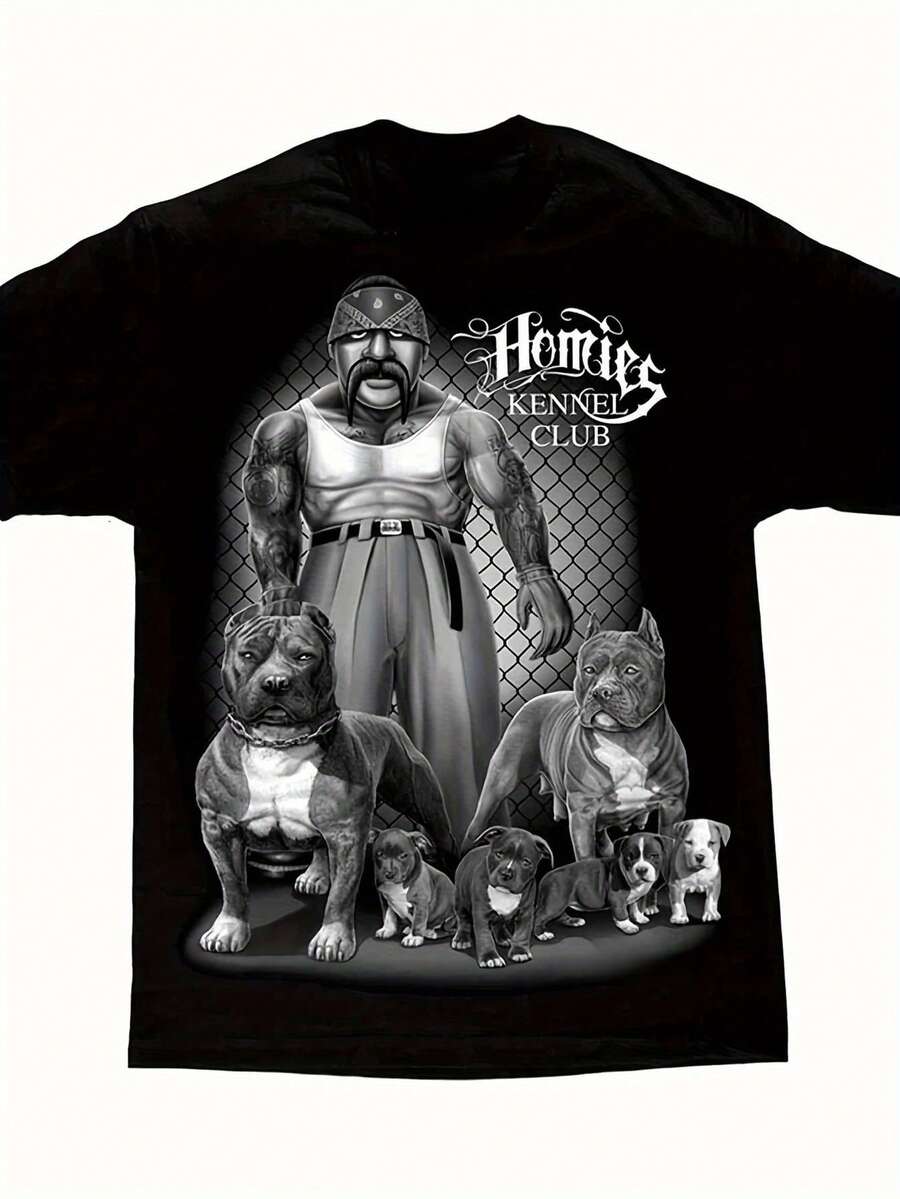 David Gonzales Men'S Black Kennel Club Gangster Pit Bull DGA Art Graphic-Shirt, Featuring Vibrant Digital Prints, Washable, Urban Streetwear - Black - View 1