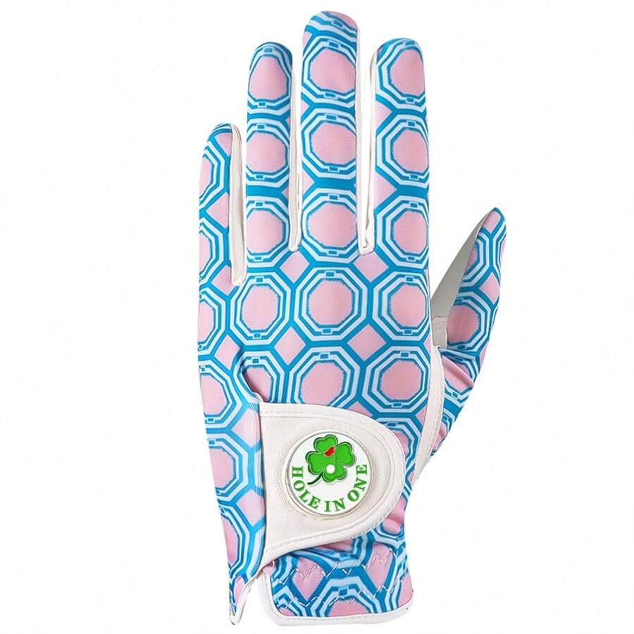 FINGER TEN Women's Golf Glove With Fashion Ball Marker, 1pc Left Hand, Fashionable Blue Octagon Pattern Design, Breathable And Comfortable, Provides Stable Swing, Comfortable Fit And Secure Grip
