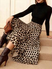 New Fashionable Leopard Print Pleated Flared Skirt, Elastic Waist Design, Loose Fit Women Long Skirt, Suitable For Spring And Autumn Summer - Brown - View 9