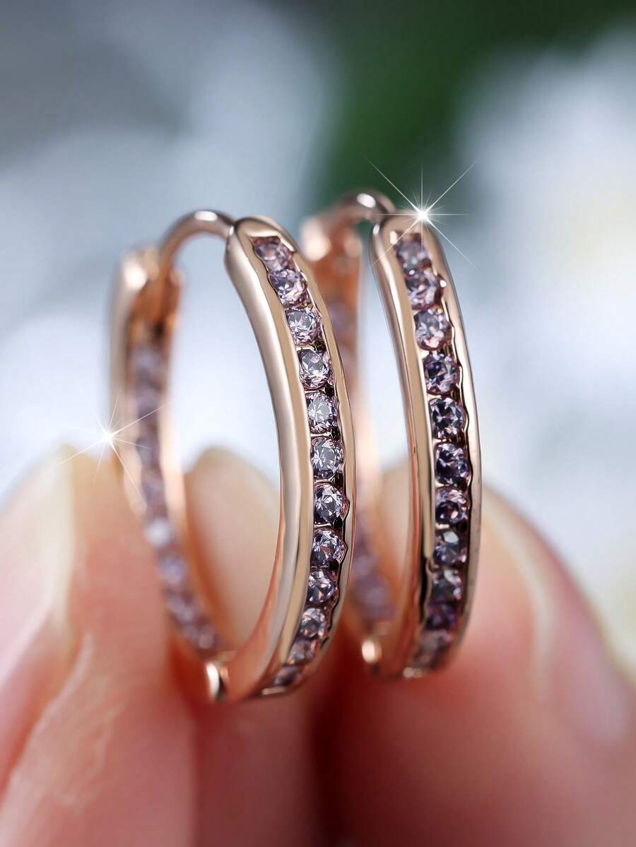 Vanel 2pcs Minimalist Colorful Zirconia Hoop Earrings, Fashion Earrings - Rose Gold-purple - View 1