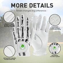 FINGER TEN 1pc Cabretta Leather Men's Golf Glove With Ball Marker, Suitable For Right-Handed Golfers, Fashionable Unique Bone Style, Premium Luxury Feel, Provides Stable Grip - Black - View 3