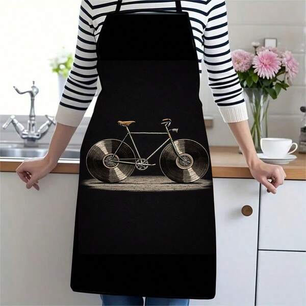 1PC Bicycle Vinyl Record Pattern Kitchen Apron Vintage Music Theme Home Cooking Waist Apron Stylish Art Print Oil-Proof Household Apron For Cooking Baking Daily Use Unique Design Chef Apron With Retro Record Wheel Bicycle Graphic Apron