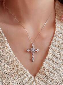 GAGAFEEL 1 chiếc dây chuyền mặt thánh giá bằng bạc 925 cao cấp, sang trọng, đính đá Zirconia sáng bóng, thích hợp cho nữ giới đeo hàng ngày, gặp gỡ bạn bè hoặc làm quà tặng. - Bạc - Xem 3