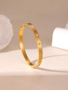 GEREIT 1件简约时尚18K不锈钢花朵、旭日、四叶草、锆石素面手镯，适合女士日常佩戴 - 彩色 - 查看 10