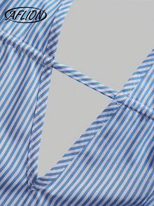 Đầm maxi hai dây kẻ sọc xanh dương mùa hè dành cho nữ - Đầm đi biển hở lưng xếp nếp thời trang gợi cảm phong cách Y2K, thích hợp cho hẹn hò, tiệc tùng, ngày Valentine, kỳ nghỉ biển và các dịp khác. - Màu xanh lam - Xem 5
