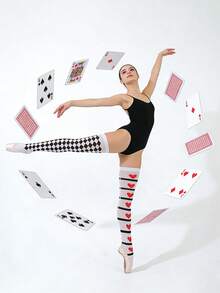 梦幻仙境不规则扑克菱形格纹/心形卡通风格艺术长筒袜，适合音乐节、舞会、魔术师和万圣节恶搞服装 - 彩色 - 查看 2