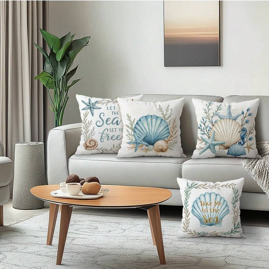 4件套蓝色海洋系列图案单面印花抱枕套，装饰枕套，适用于客厅、沙发、卧室，不含枕芯 - 彩色 - 查看 1